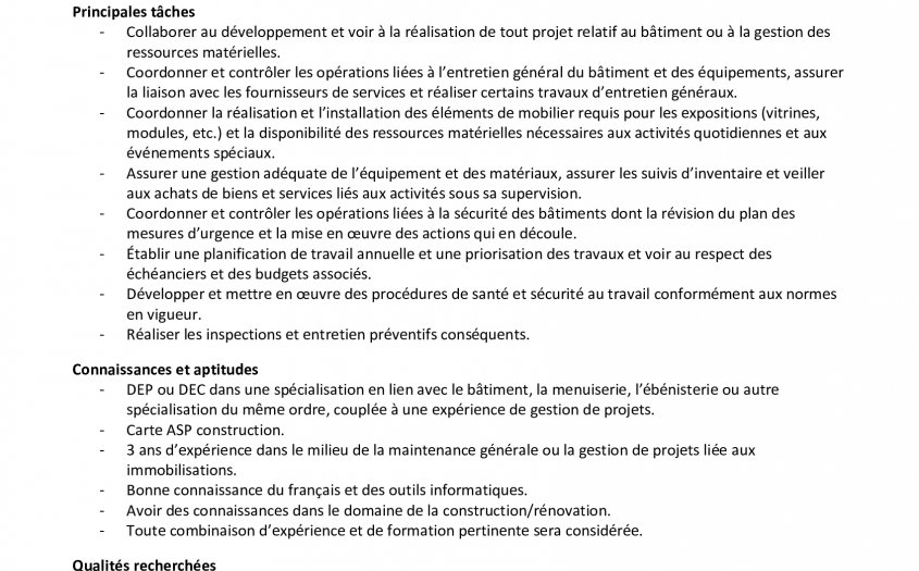 LE MUSÉE RECRUTE: RESPONSABLE DES RESSOURCES MATÉRIELLES ET DE L'INTENDANCE